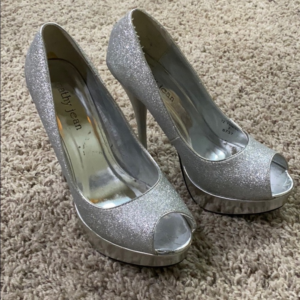 Silver peep toe heels
